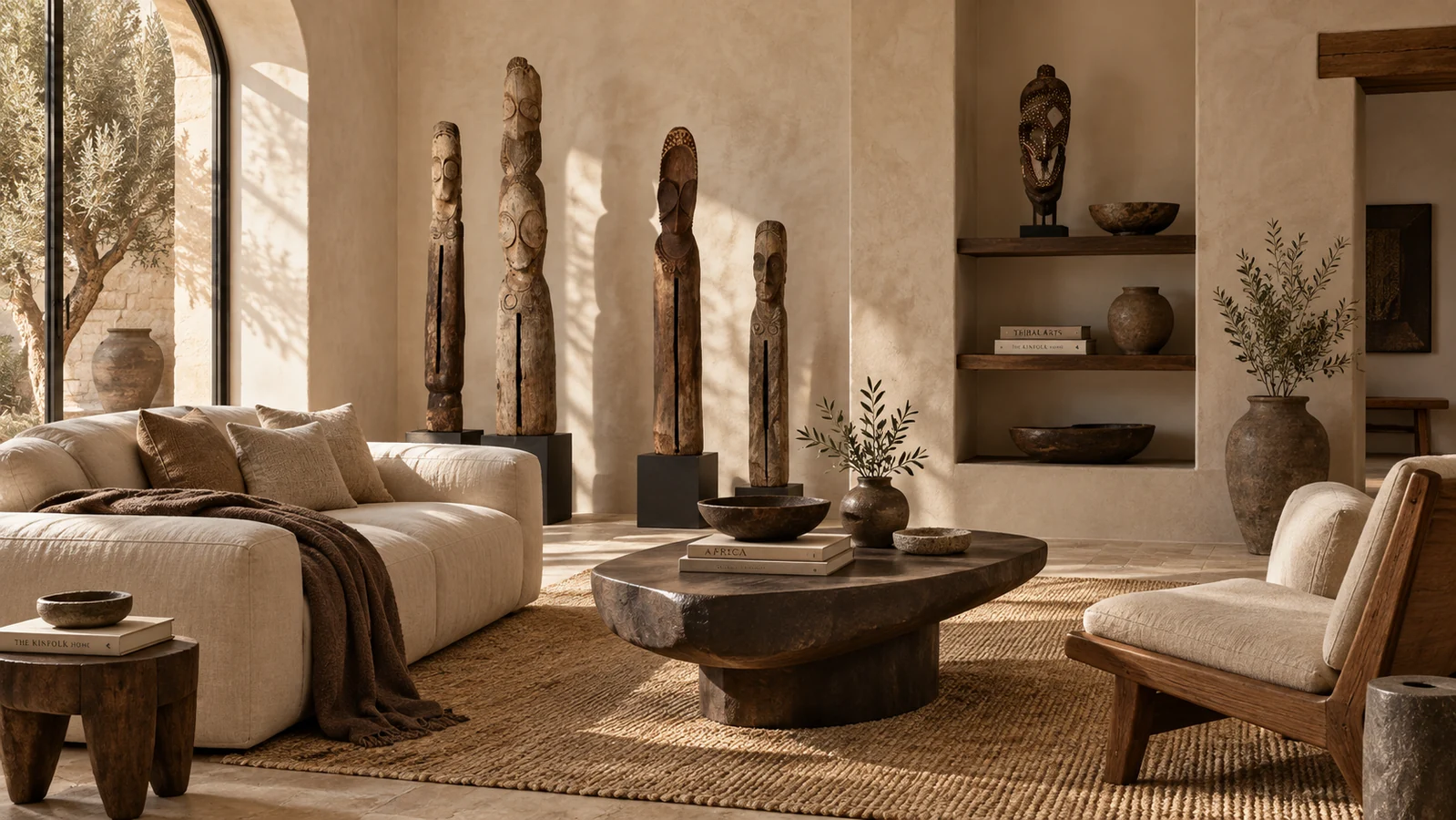 Carved Vanuatu sculptures and collected objects in the original warm interior