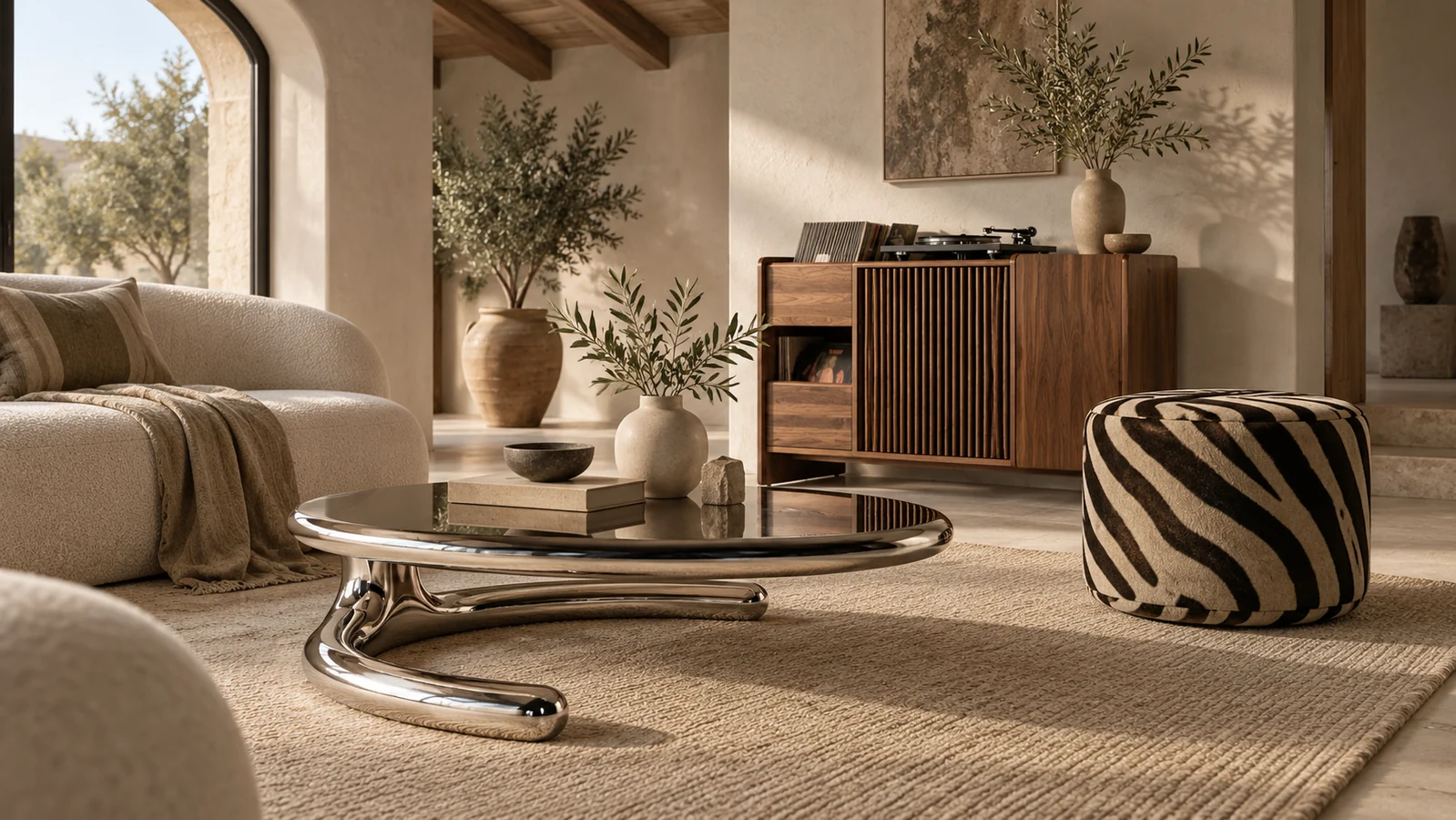 An organic modern room with natural upholstery, timber and sculptural furniture